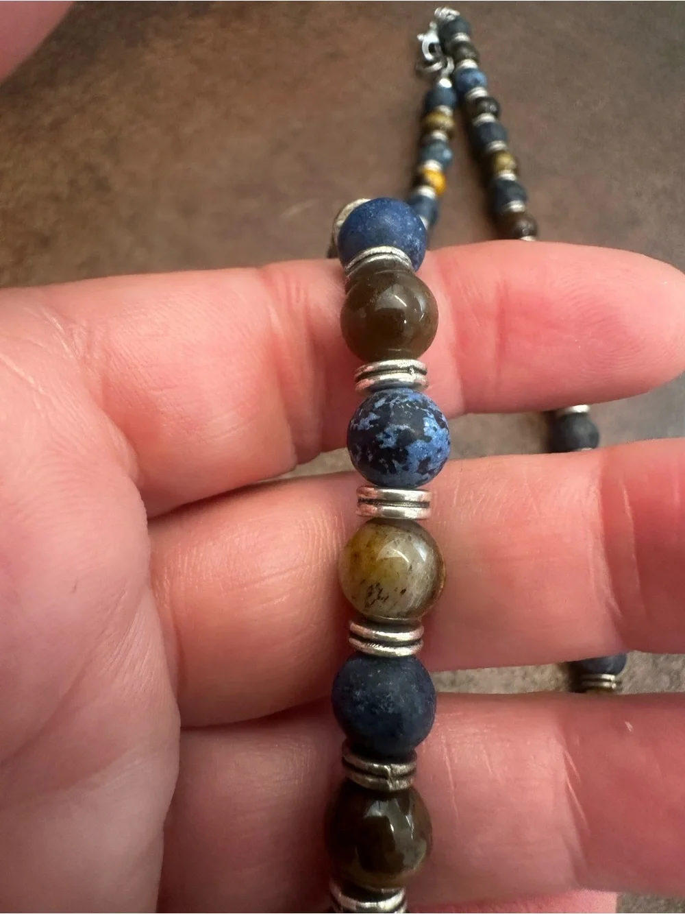 Blue and Brown Beaded Handmade Necklace with Silver Accents